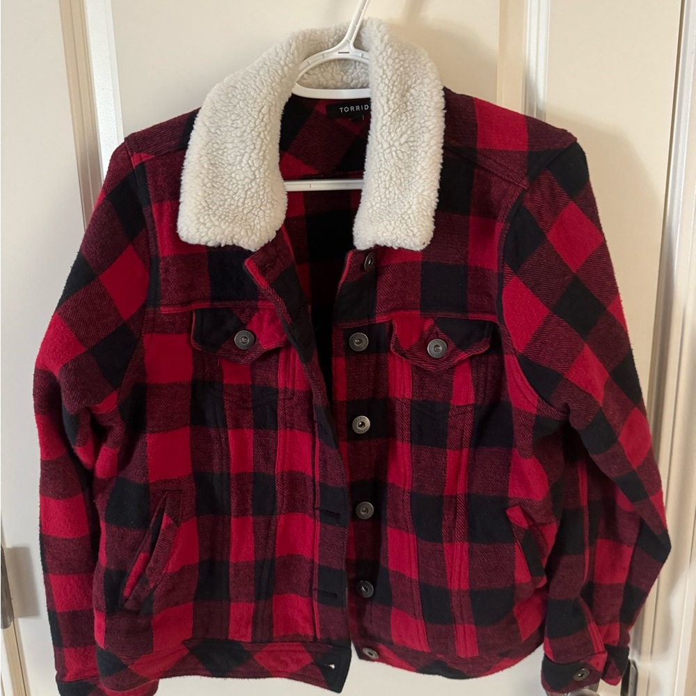 Torrid Red and Black Buffalo Plaid Jacket with Sherpa Collar